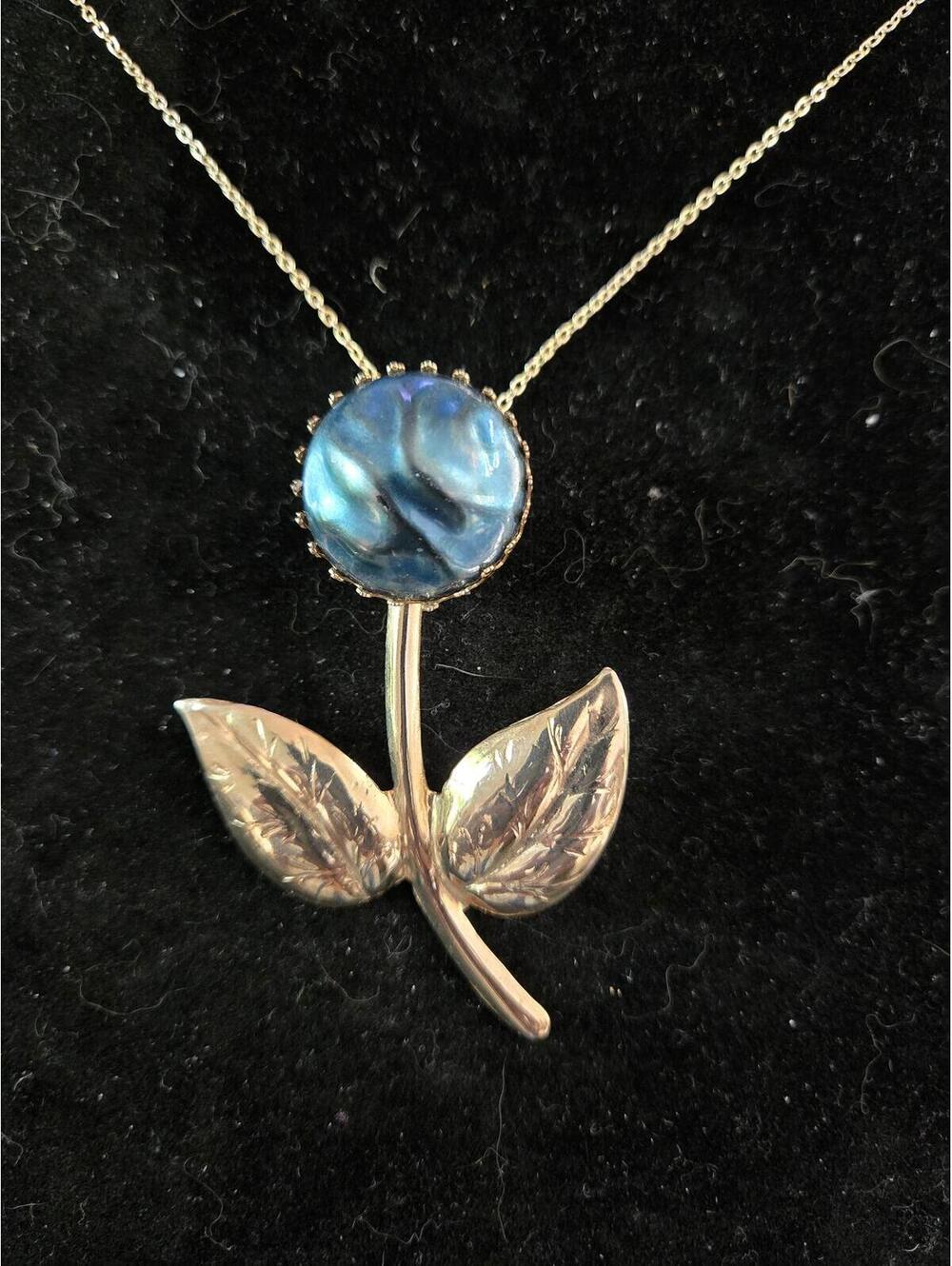 Vintage Blue Flower Brooch & Pendant Necklace with Leaf Design